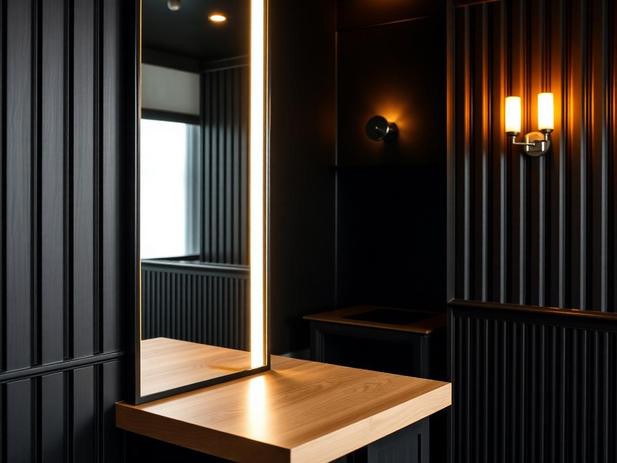 Vertical mirror, light oak counter and warm amber sconce